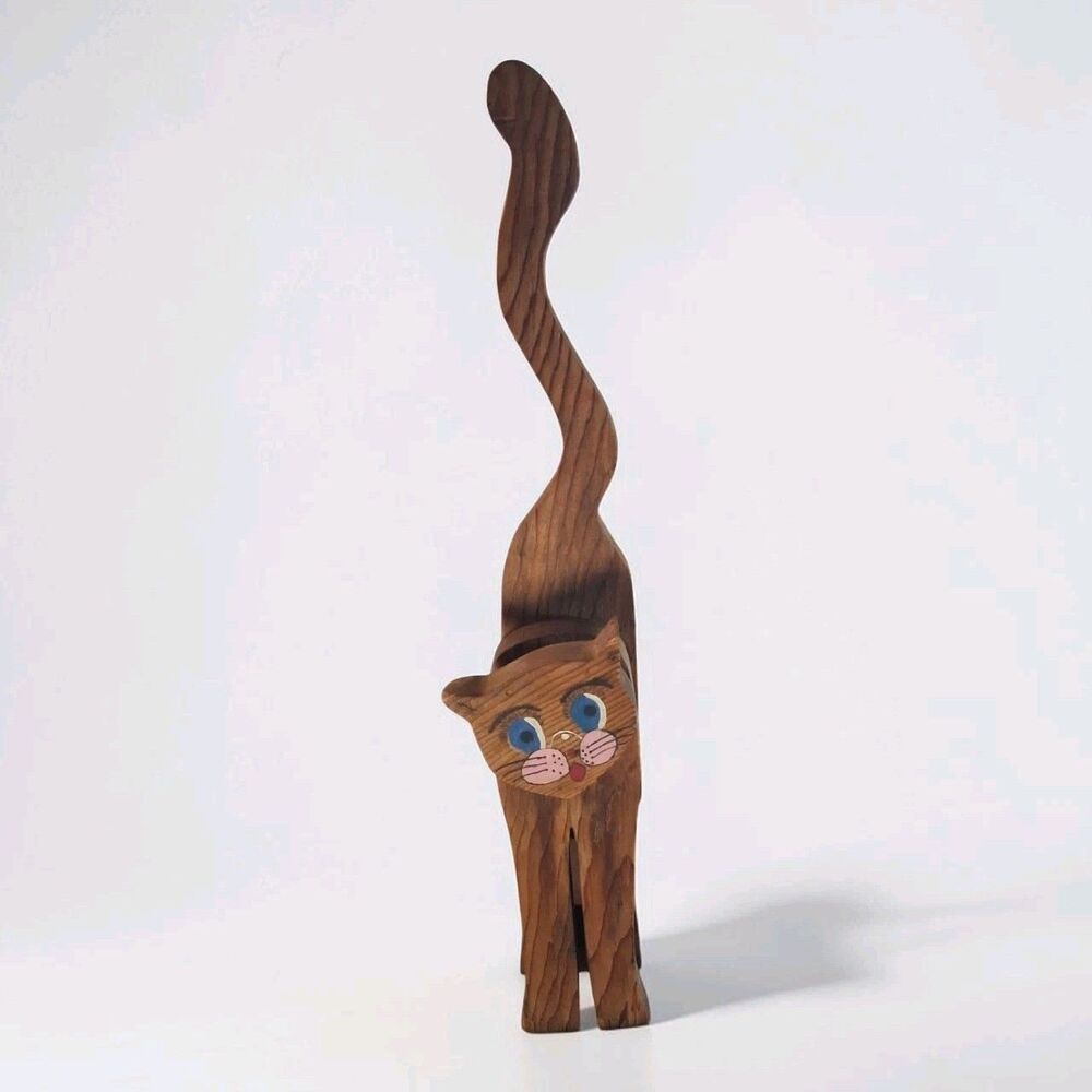 Vintage Mid-Century Wooden Cat Doorstop Folk Art Long Wavy Tail,24.5 "Tall